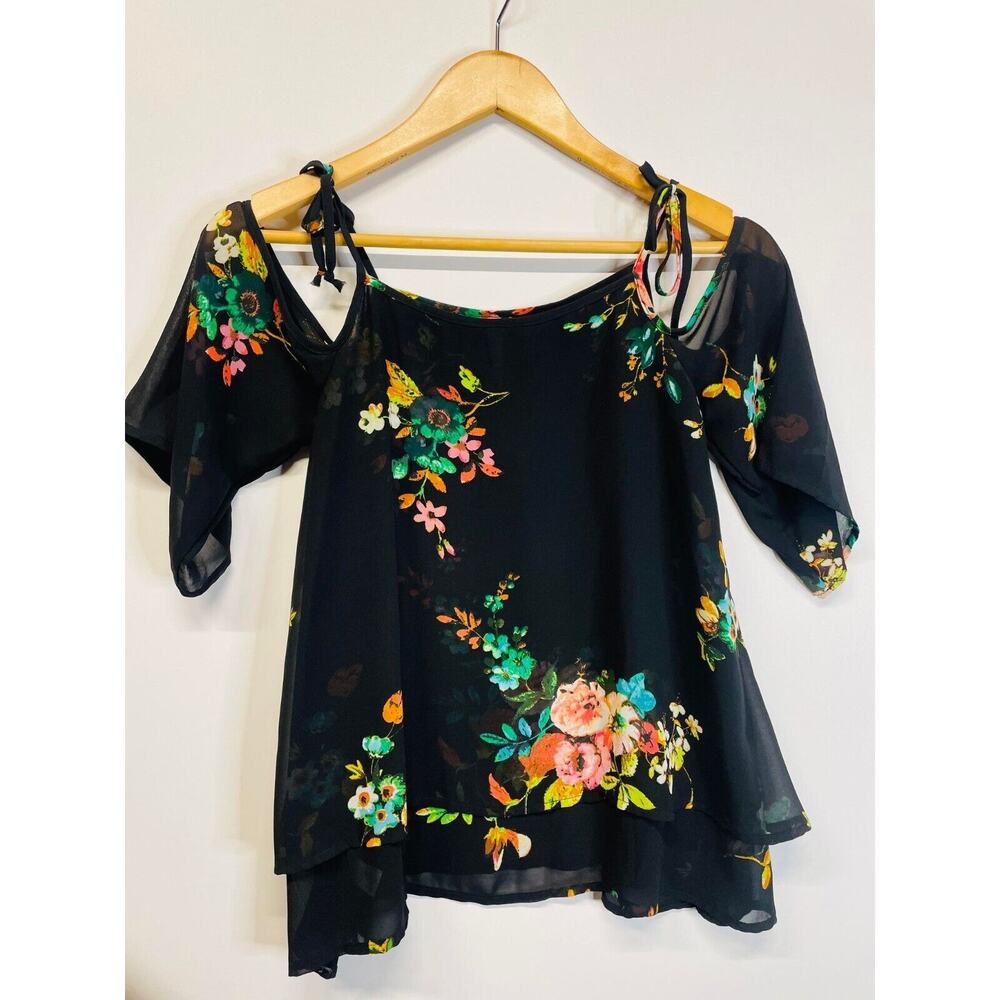 Xhilaration Women's Floral Open Shoulder With Ties Top Blouse Size XS